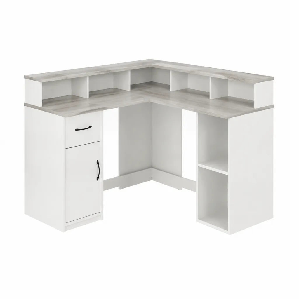 Eckschreibtisch mit Stauraum L-Form Spanplatte Weiß Betonoptik 120 x 120 x 94 cm