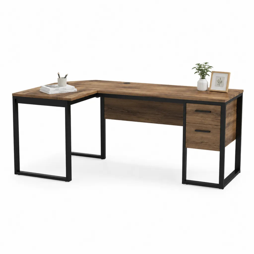 Eckschreibtisch mit 2 Schubladen Spanplatte und Stahl L-Form Braun Schwarz 150 x 120 x 75 cm