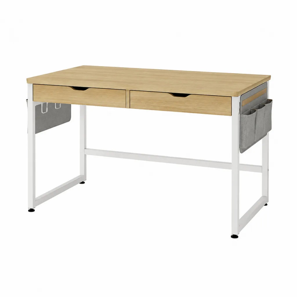 Schreibtisch mit 2 Schubladen und Seitentaschen 120 x 60 x 75 cm Spanplatte Stahl rechteckig Eichenholzoptik Weiß Grau