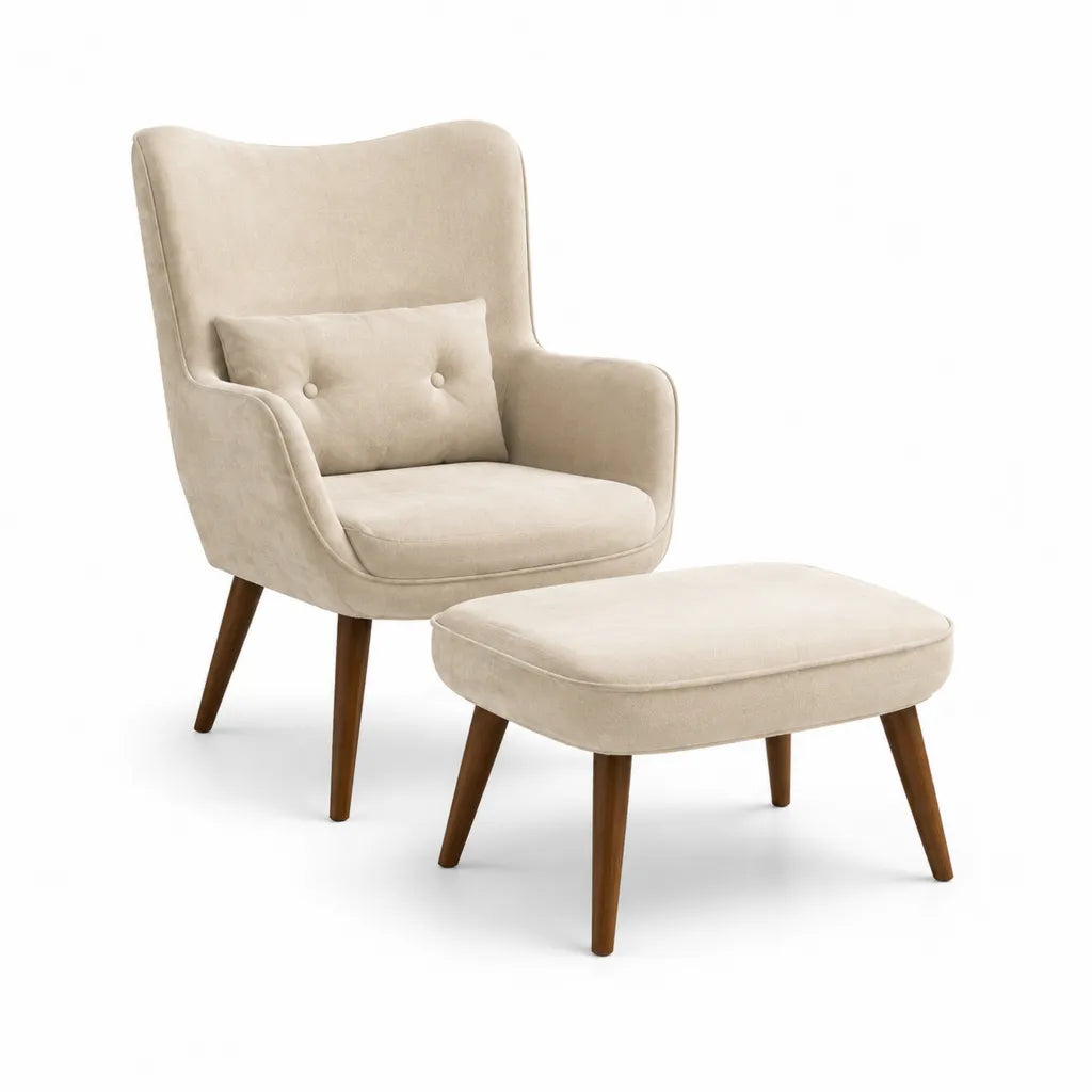 Ohrensessel Set mit Hocker aus Polyestersamt in Beige mit Massivholzbeinen 77 x 82 x 101 cm