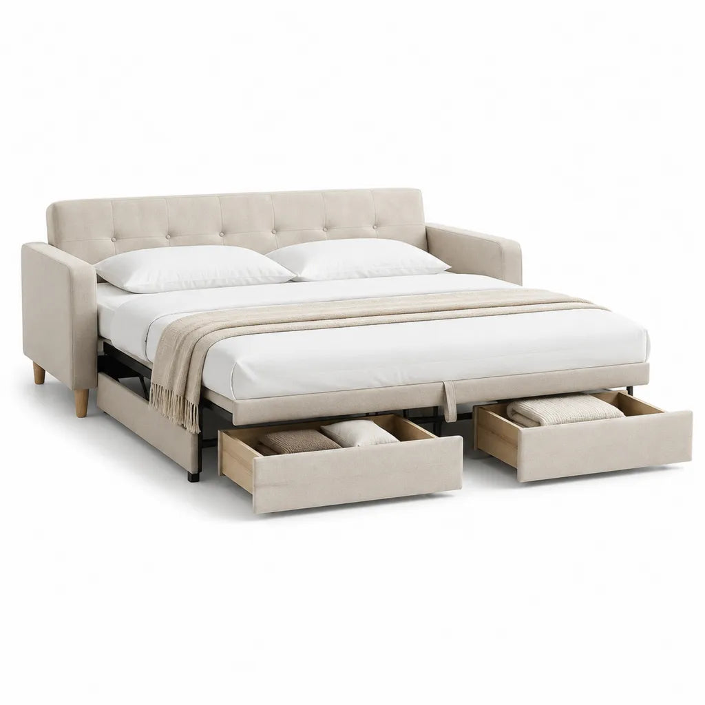Schlafsofa mit Ausziehbett und 2 Schubladen 160 x 200 cm Polyester Beige
