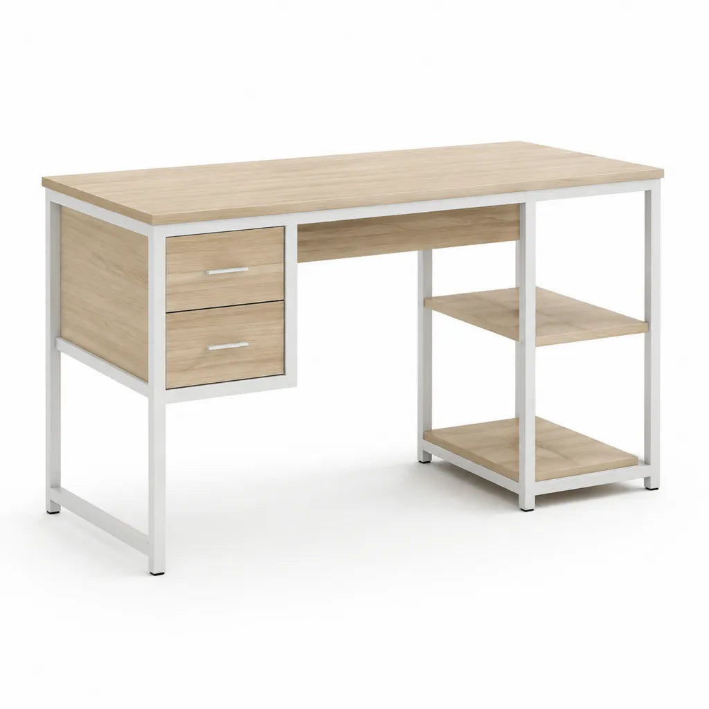 Schreibtisch mit 2 Schubladen und 2 Regalböden 120 x 60 x 75 cm Spanplatte Stahl rechteckig Eiche Hellweiß